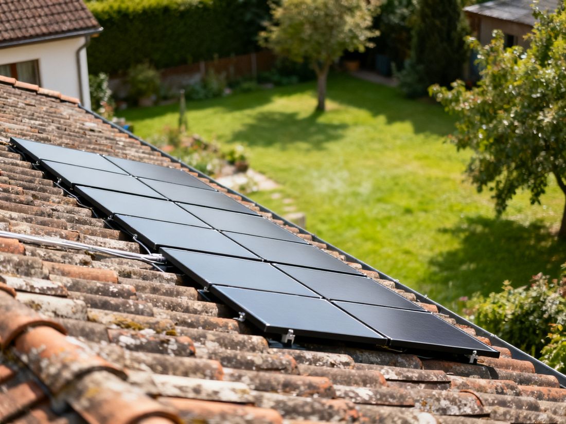Kleine Solaranlage aus zehn Modulen auf einem Ziegeldach