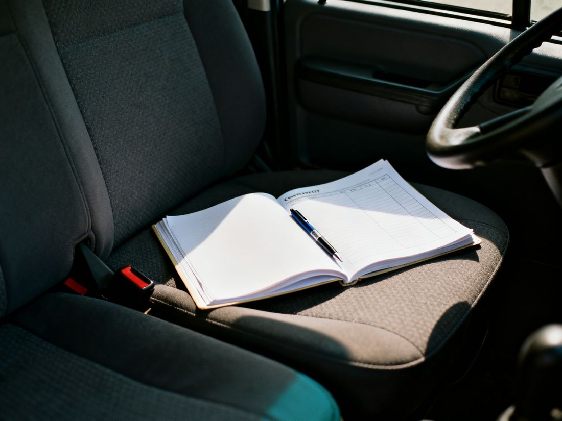 Aufgeschlagenes Fahrtenbuch auf dem Beifahrersitz eines Firmenwagens