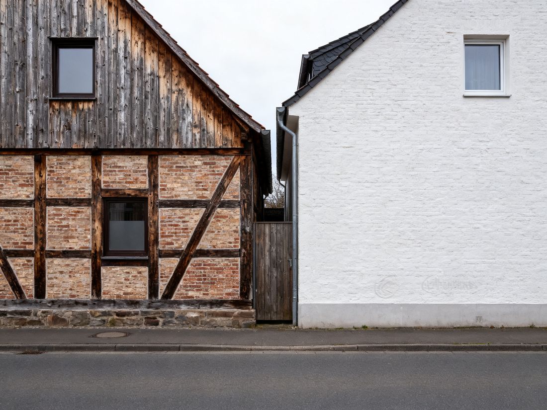 Zwei Häuser nebeneinander, eines mit Holzfassade, eines verputzt