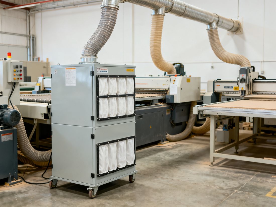 Industrielle Absauganlage mit Filterpatronen neben Maschinen in einer Halle