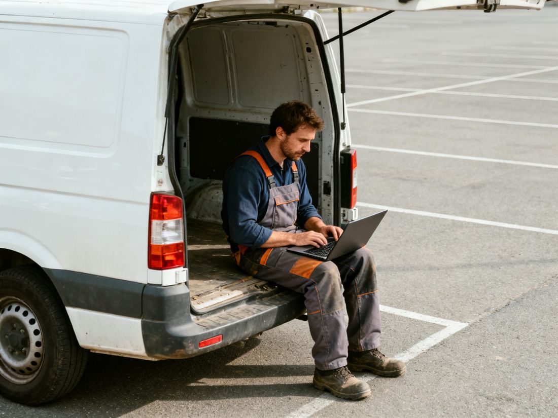 Handwerker sitzt mit Laptop auf der Ladekante eines weißen Transporters