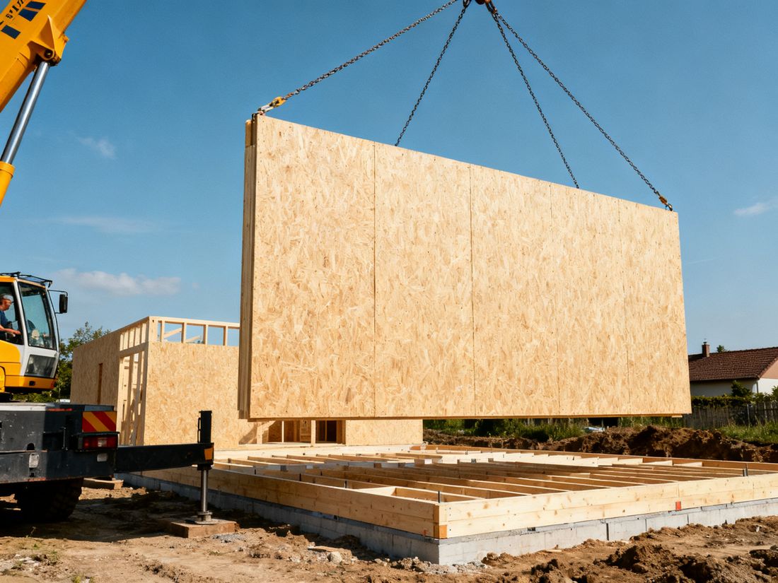 Vorgefertigtes Holzwandelement wird vom Kran auf eine Bodenplatte gesetzt
