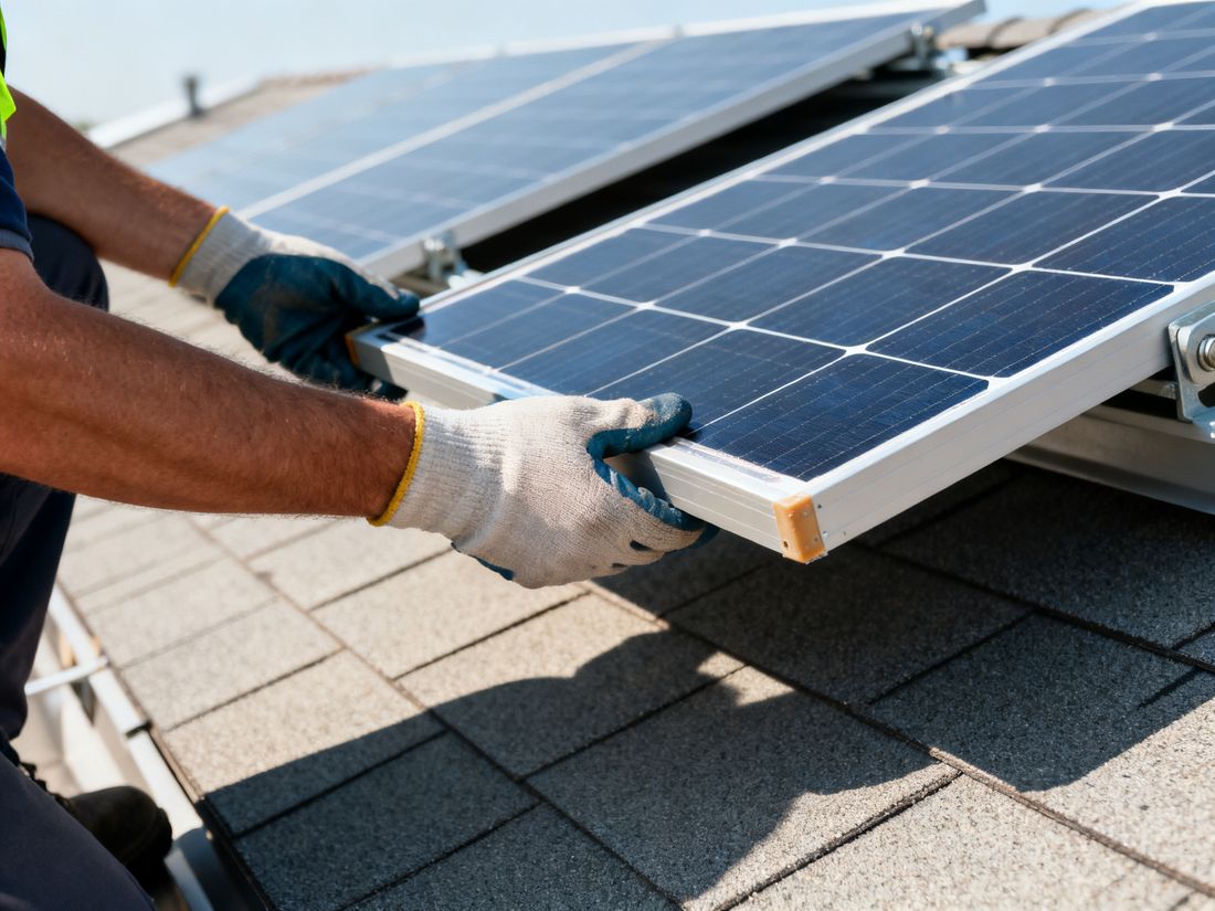 Monteur mit Handschuhen hält ein Solarmodul am Rand auf einem Dach