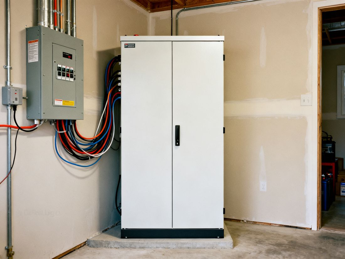 Batteriespeicher in einem aufgeräumten Hauswirtschaftsraum neben dem Zählerkasten