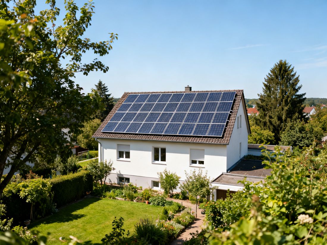 Solarmodule auf einem Hausdach, umgeben von Garten und Bäumen