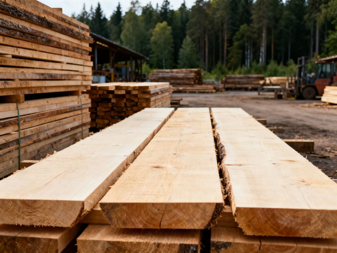 Stapel frisch gesägter Bretter zum Trocknen, Wald im Hintergrund